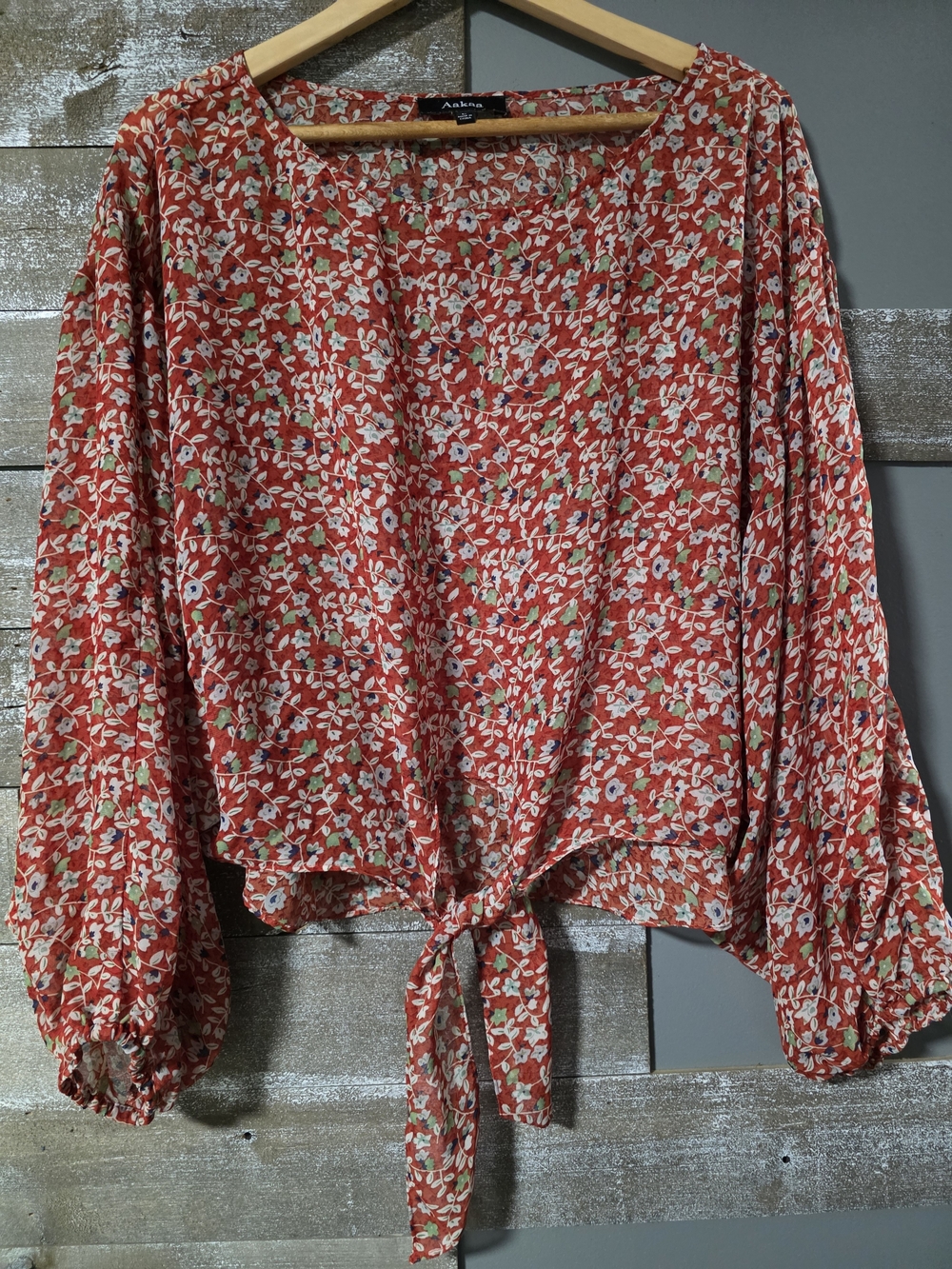 Aakaa Coral Red Floral Tie-Front Blouse